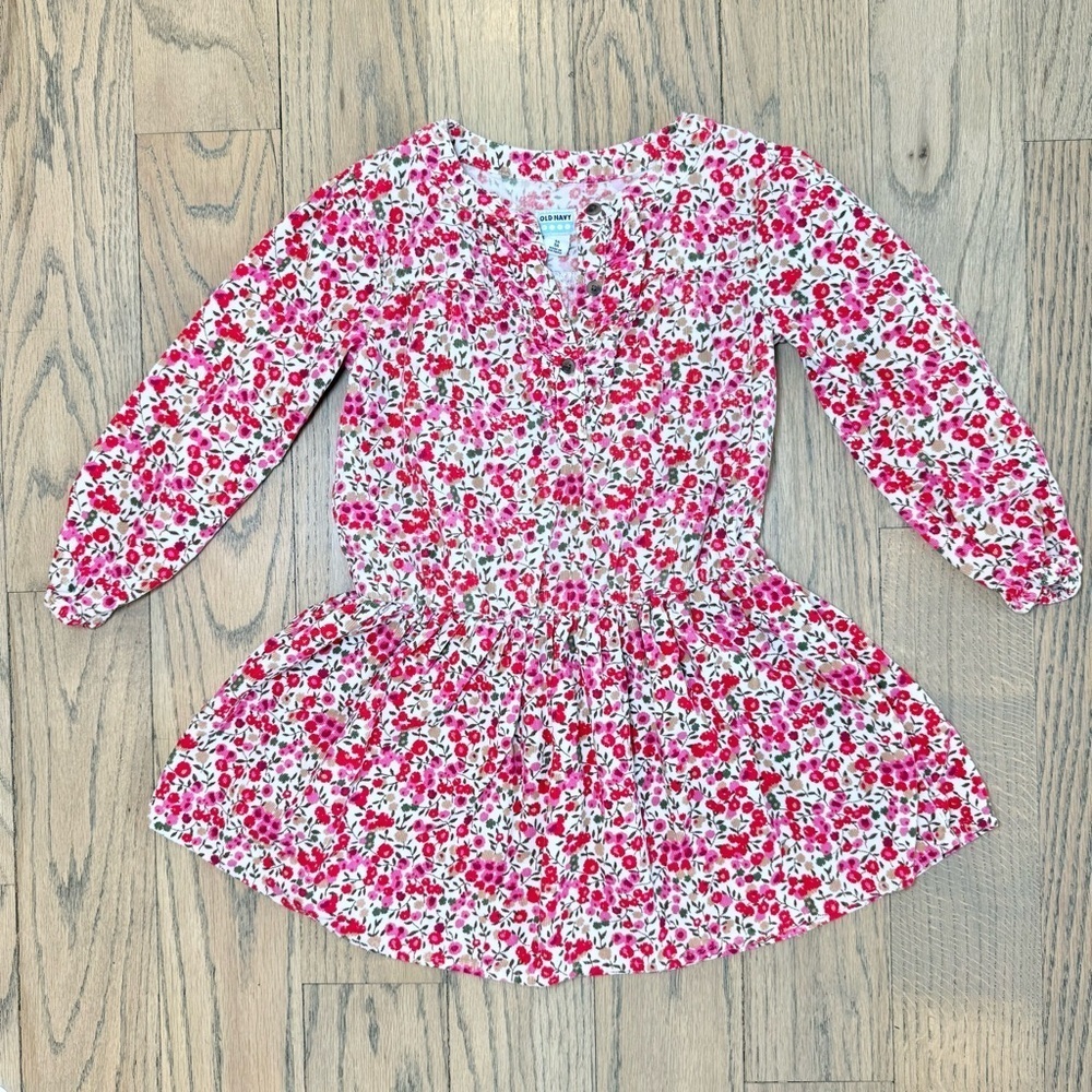 Old Navy Girls Corduroy Floral Red, Pink and White Dress with Ruffled Chest 5T